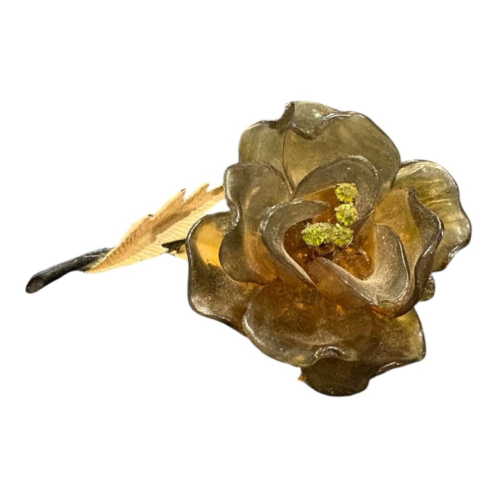 Vintage Lucite Flower Brooch – Golden Brown Resin Rose with Rhinestones J13